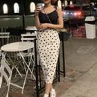 Lace-up Camisole Top / Back Slit Dotted Midi Skirt