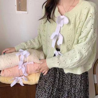 Long-sleeve Bow Lace-up Knit Sweater Cardigan