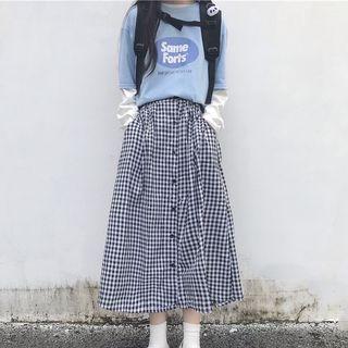 Crewneck Print T-shirt / Plaid Button Dress