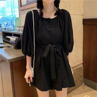 Long-sleeve Plain Tie-waist Mini Dress