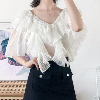 Short-sleeve Ruffle Trim Mesh Top