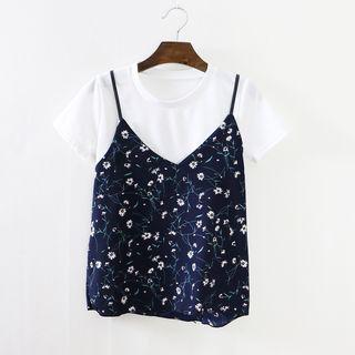 Set: Plain Short-sleeve T-shirt + Floral Print Camisole Top