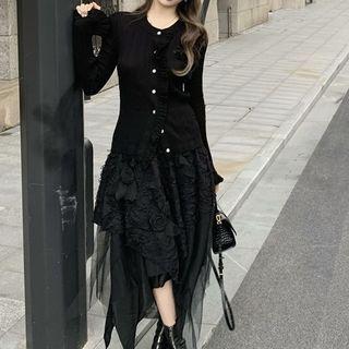 Ruffle Trim Sweater / Midi A-line Skirt