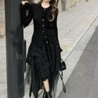Ruffle Trim Sweater / Midi A-line Skirt