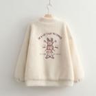 Mock-neck Rabbit Embroidered Fleece Sweatshirt With Lining - White - One Size