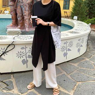 Band-waist Pinstriped Wide-leg Pants