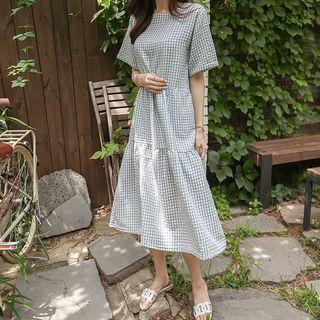 Round-neck Checked Tiered-hem Dress