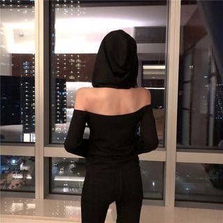 Long-sleeve Cold-shoulder Hooded Top Black - One Size