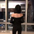 Long-sleeve Cold-shoulder Hooded Top Black - One Size