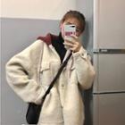 Color-block Fleece Loose-fit Hooded Jacket