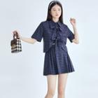 Set: Elbow-sleeve Plaid Shirt + Mini A-line Skirt