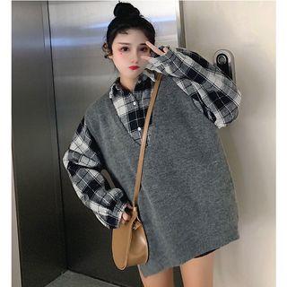Plaid Shirt/ V-neck Sweater Vest