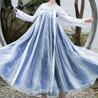 Hanfu Set Of 2 : Print Long-sleeve Top + Print Chest-full Maxi Skirt