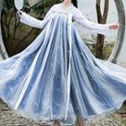 Hanfu Set Of 2 : Print Long-sleeve Top + Print Chest-full Maxi Skirt
