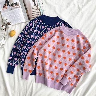Color-block Argyle Heart Crewneck Long-sleeve Sweater