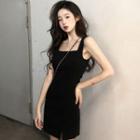 Wide Strap Slit A-line Dress Black - One Size