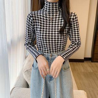 Mock-neck Houndstooth Knit Top Black - One Size
