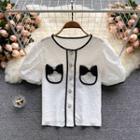 Round-neck Color Block Puff-sleeve Bow Top