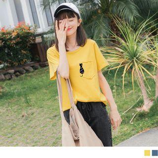 Cat Embroidered Front-pocket Short-sleeve T-shirt