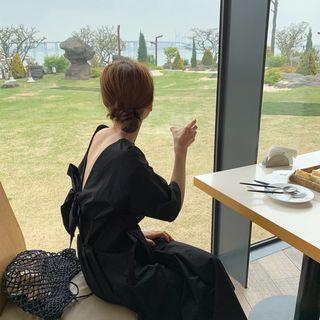 Elbow-sleeve Open-back Maxi Dress