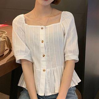 Plain Striped Square-neck Short-sleeve Top