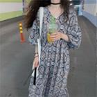 Lantern-sleeve V-neck Pattern Maxi Chiffon Dress