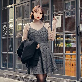 Spaghetti-strap Checked A-line Dress