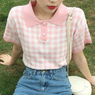 Polo-neck Plaid Elbow-sleeve Knit Top