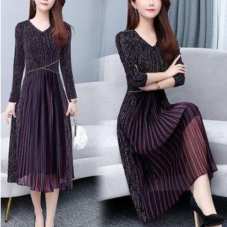 Long-sleeve Pleated Paneled A-line Midi Dress