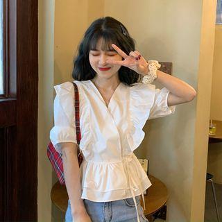 Balloon-sleeve Ruffled Drawstring Blouse
