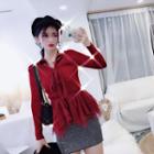 Mesh Panel Long-sleeve Knit Top Wine Red - One Size