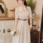 Set: Elbow-sleeve Floral Embroidered Shirt + Midi A-line Skirt