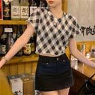 Short-sleeve Check Cropped T-shirt Black - One Size