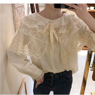 Lace Collar Blouse / Floral Midi Tiered Skirt