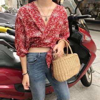 Floral Print Elbow-sleeve Wrap Blouse