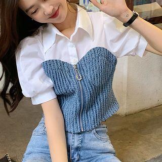 Mock Two-piece Short-sleeve Zip-up Top