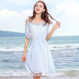 Lace Trim Off Shoulder A-line Chiffon Dress