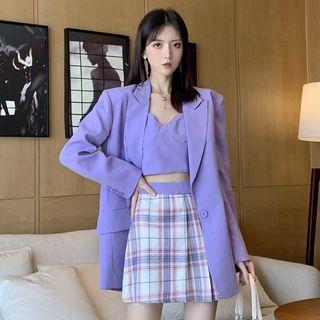 Single-breasted Blazer / Plaid Mini Skirt / Wide-leg Pants / Spaghetti Strap Top