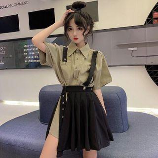 Elbow-sleeve Mini Shirtdress / Pleated Mini A-line Skirt