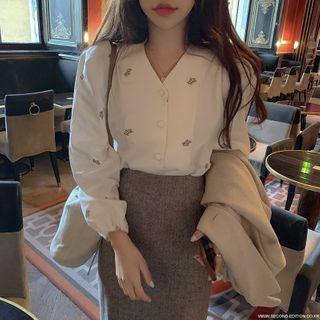 Floral Print Long-sleeve Buttoned Blouse Off-white - One Size
