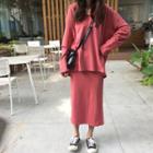 Set: Long-sleeve Hooded T-shirt + Slit Midi Skirt