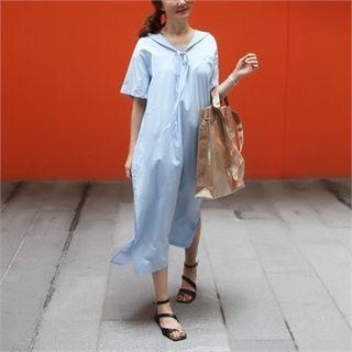Sailor-collar Long Dress Light Blue - One Size