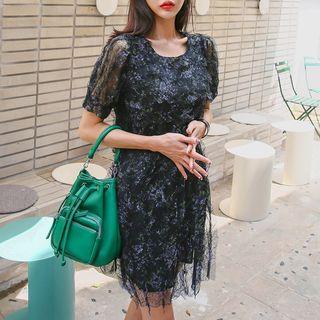 Puff-sleeve Tulle-overlay Floral Mini Dress