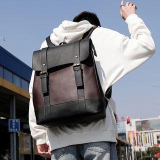 Faux Leather Two Tone Flap Backpack Dark Brown - One Size