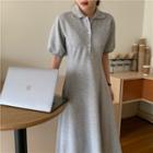 Lantern-sleeve Plain Polo Shirt Dress