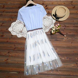 Mock Two-piece Short-sleeve Mesh Overlay A-line Dress