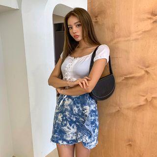 Square-neck Beribboned Cropped Satin Blouse