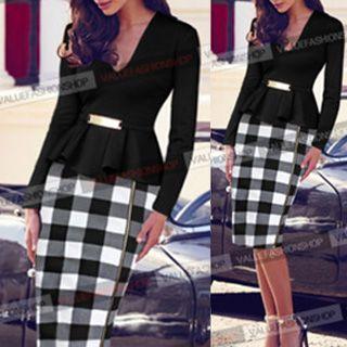 Gingham V-neck Long-sleeve Dress