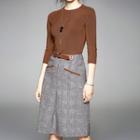 Set: Plain 3/4 Sleeve Knit Top + Plaid A-line Skirt