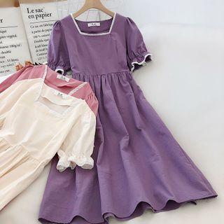 Square Neck Lace-trim A-line Dress